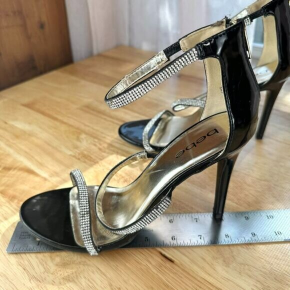 Bebe Black Women's High Heel Janae Strappy Pump w/ Rhinestones Size 8 - Picture 9 of 10